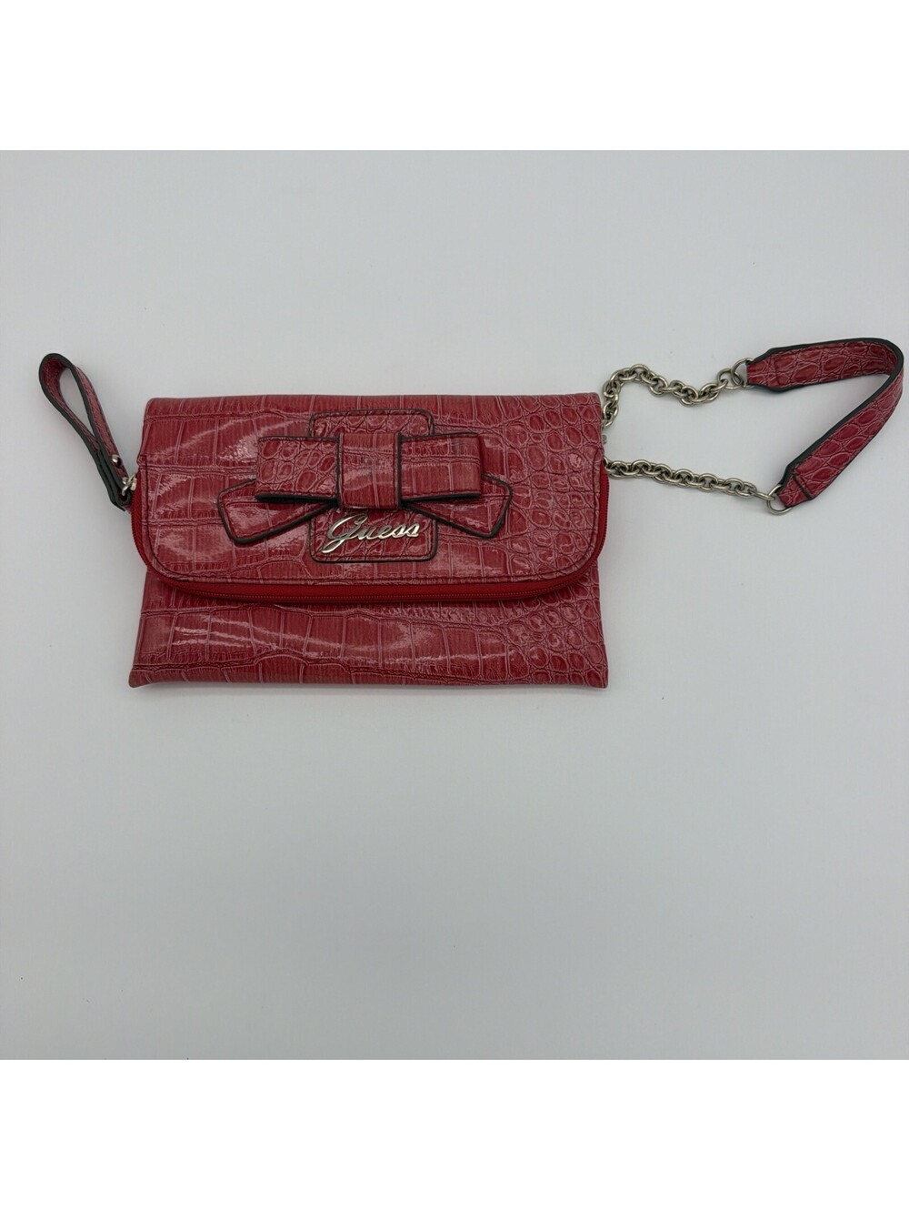 GUESS Red Leather Clutch Wallet Purse Mini Bag Wristlet Croco Bow